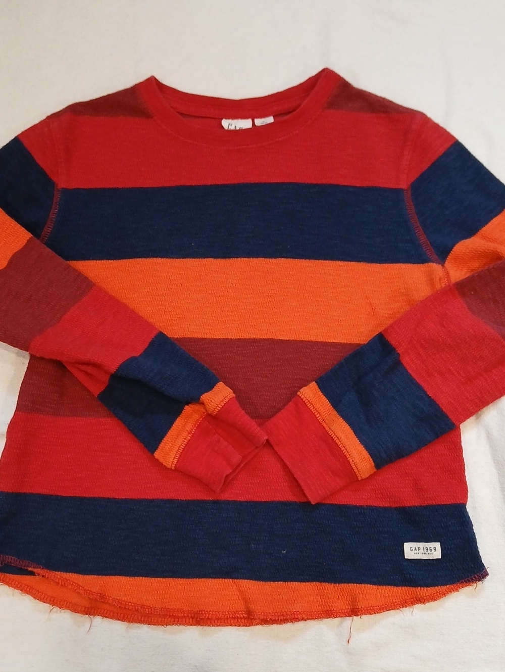 GAP Size 6-7 Kids Long-Sleeve Striped Tee in Red, Navy & Orange